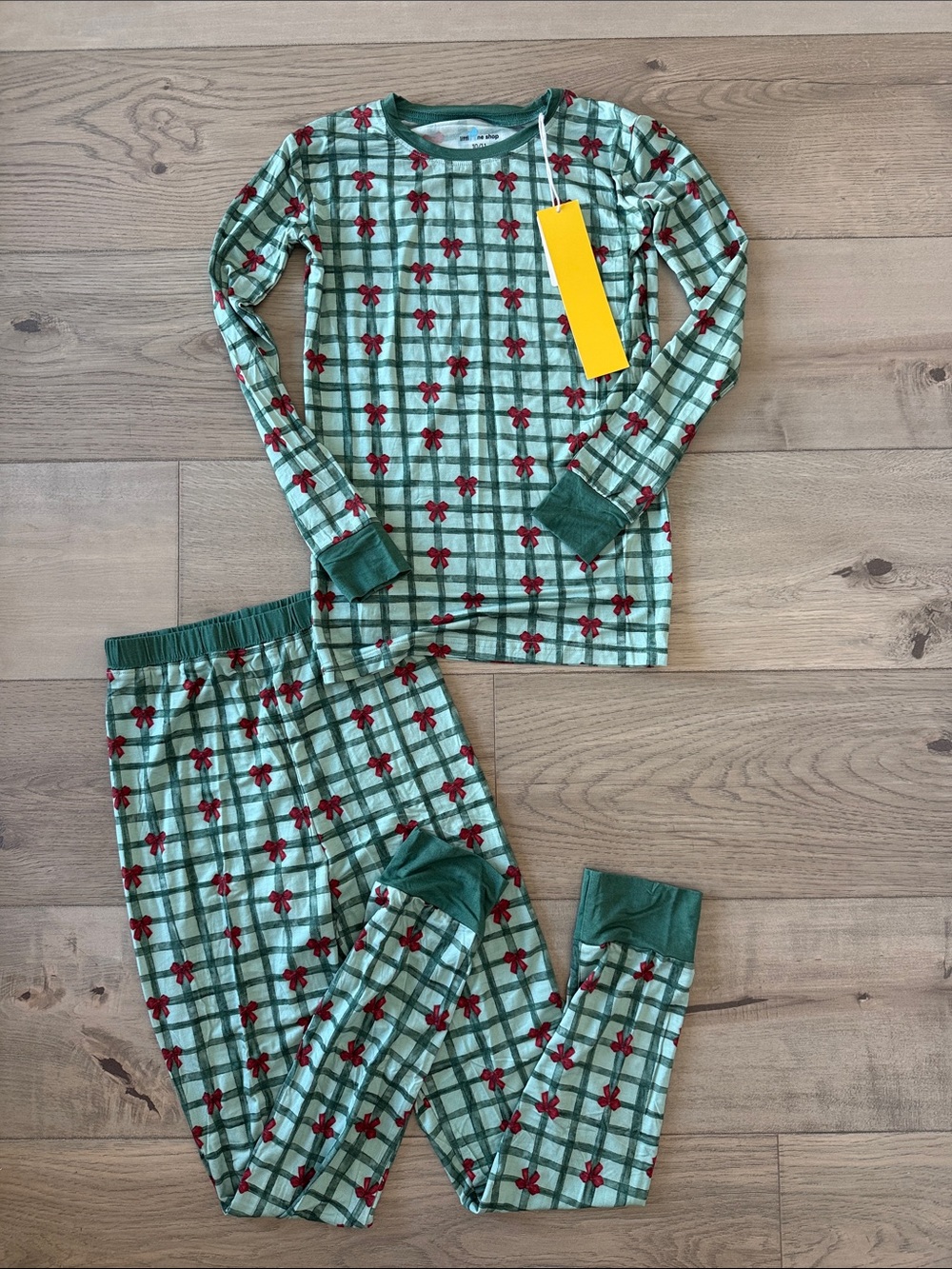 Kids Green Plaid Bow-Print Long Sleeve Pajama Set